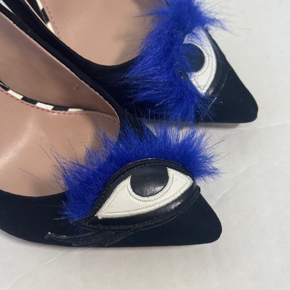 Betsey Johnson Black Eyes Blue Feather Heels Womens 6.5 Artsy Funky Unique - Picture 9 of 10